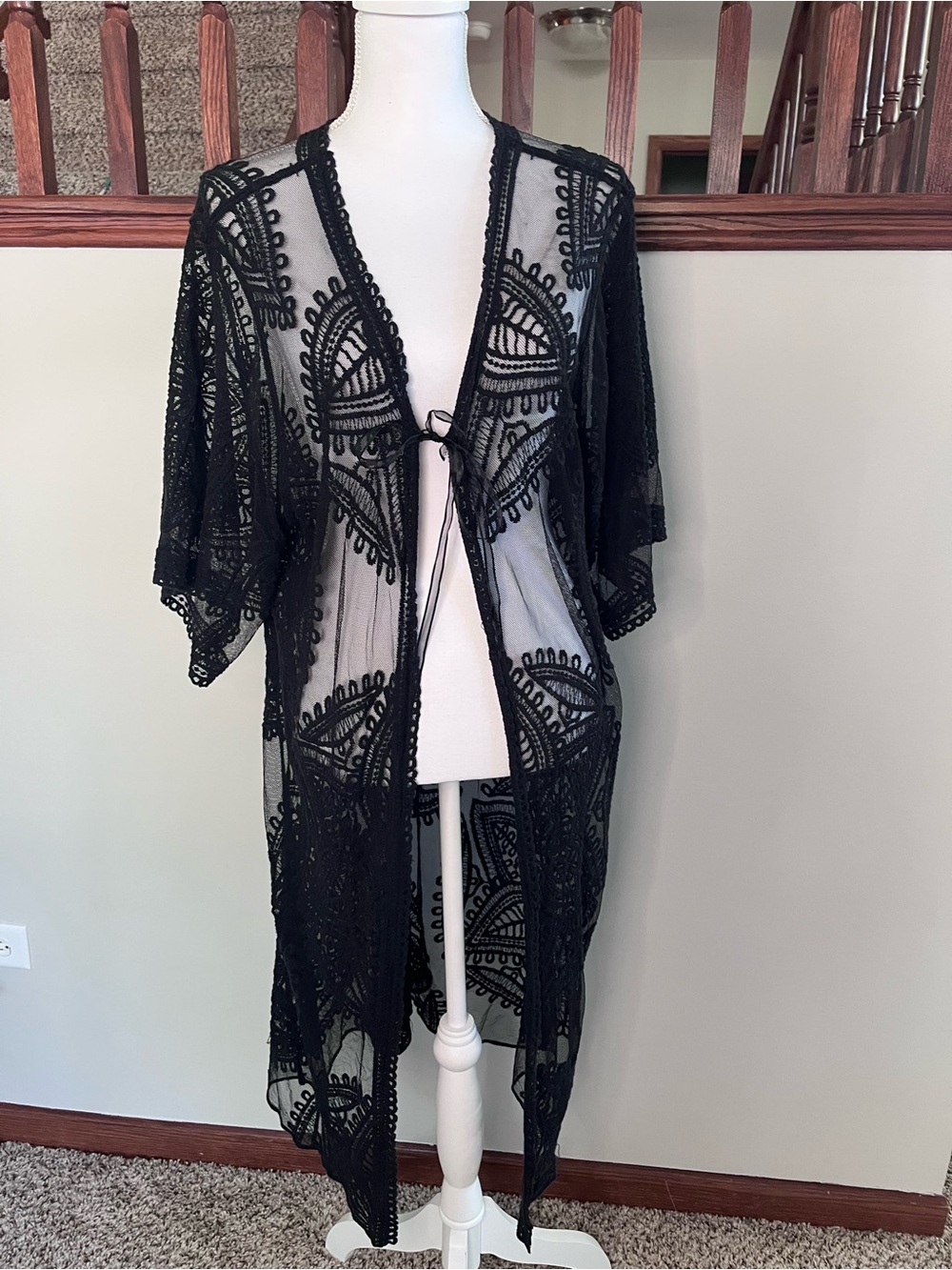 Black Lace Sheer Duster Cardigan Kimono Tie Front L-XL TT221252